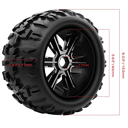 GLOBACT 1/8 1/10 RC Monster Tires 17mm Hex RC Wheels and Tires PreGlued | Preglued RC Tires, Fits TRX E-Revo/T-Maxx/Summit/Kraton/Outcast