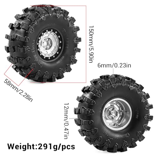 2.2" Beadlock Wheel Rims and Rubber Crawler Tires 150mm (5.91in) for 1/10 RC Crawler SCX10 RBX10 Wraith TRX4 (Silver) - color: Silver