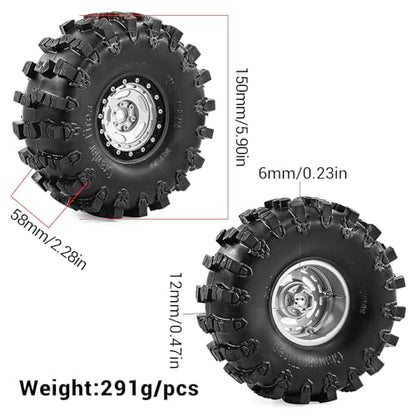 2.2" Beadlock Wheel Rims and Rubber Crawler Tires 150mm (5.91in) for 1/10 RC Crawler SCX10 RBX10 Wraith TRX4 (Silver) - color: Silver