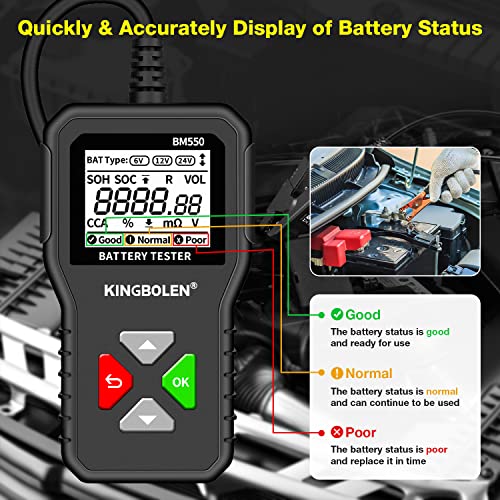 KINGBOLEN BM550 6V 12V 24V Car Battery Tester，Auto Battery Analyzer | 100-2000 CCA BM550 Battery Tester, Accurate Digital Automotive Alternator Tester for Cars Trucks SUV ATV Boats Motorcycles - style: BM550 battery tester