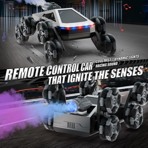 8 Wheel RC Stunt Car with Gesture Control, Spray & LED Lights, Gesture Sensing Remote Control Cars for Boys Age 6 7 8-12 13 14 Year Old, Christmas Birthday Gifts Ideas for Kids - color: Grey