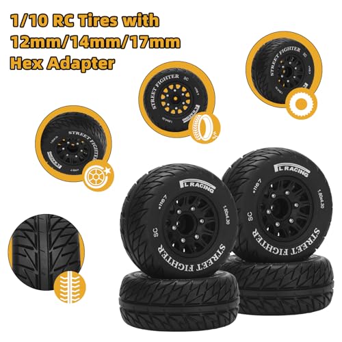 12mm/14mm/17mm Hex RC Wheels and Tires RC Truck Tires RC Car Wheels 1/10 Scale Tyres Hex Detachable Replacement RC Car Tires for Arrma Senton Tires Slash Tires Axial Redcat Rc4wd Fury (Black C) - color: Black