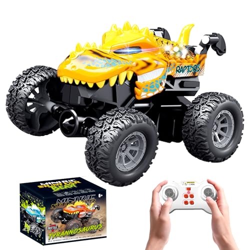 MOONTOY Dinosaur Remote Control Car, Mini Remote Control Truck with 360° Spins, 2.4GHz Rc Car with Lights and Rechargeable Batteries, Metal Body Monster Truck Toys for Kids and Adults(Yellow)