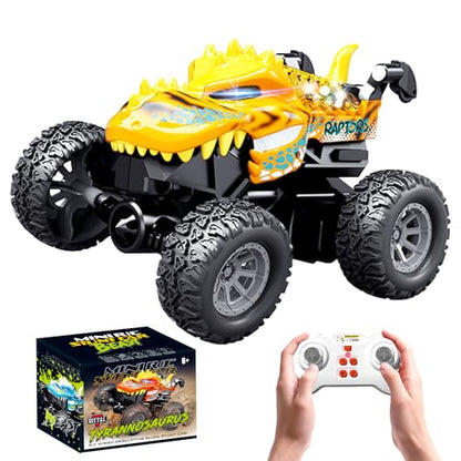 MOONTOY Dinosaur Remote Control Car, Mini Remote Control Truck with 360° Spins, 2.4GHz Rc Car with Lights and Rechargeable Batteries, Metal Body Monster Truck Toys for Kids and Adults(Yellow)