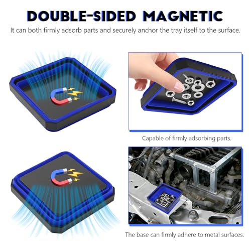 Collapsible Magnetic Parts Tray, 4.5 Inch Square Silicone Tray Holder with Double-Sided Magnetic Base, Foldable Tool Trays for Screw Bolts Nuts Pins Small Parts, Car Accessories (Blue) - color: Blue