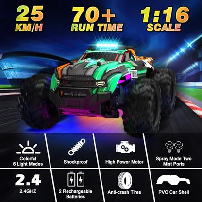 BLUEJAY Remote Control Car, 1:16 All Terrain High Speed RC Cars Truck for Boy, Rechargeable Monster RC Truck with Cool LED Lights & Spray, RC Cars Toys Gifts for Adults Kids Boys Girls 4-7 8-12 - color: Orange