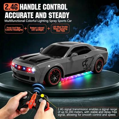 Remote Control Car 1:14 Scale RC Cars with Spray Effect, LED Lights & Realistic Sound, 2.4GHz Racing Toy with Controller, Christmas Birthday Gift for 3-9 Year Old Boys Girls (Gray)