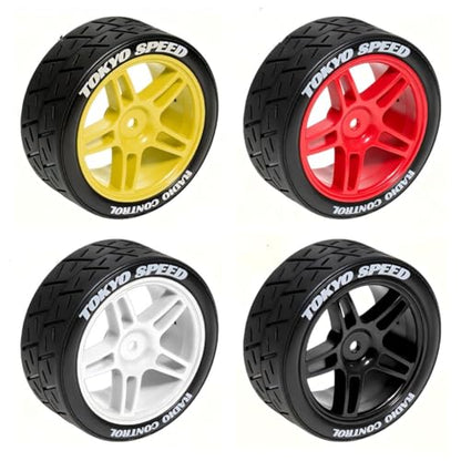 1/10 RC Rally Street Tires OD 65mm with 12mm Hex Hard Plastic Wheels for 1:10 1/12 On Road Drift Touring Car Tamiya TT01 TT02 Traxxas XV02 XV01 TA06 HPI KYOSHO PTG2 A959 4PCS (Yellow) - color: Yellow