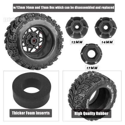 RC Truck Tires 12mm/14mm/17mm Hex RC Wheels and Tires for 1/10 Big Rock Granite Vortek/Stampede Rustler Hoss/L0s1 Rc 4wd,RC Monster Truck Car Wheel 4Pcs,Black Red - color: Black Red - (12mm/14mm/17mm Hex)