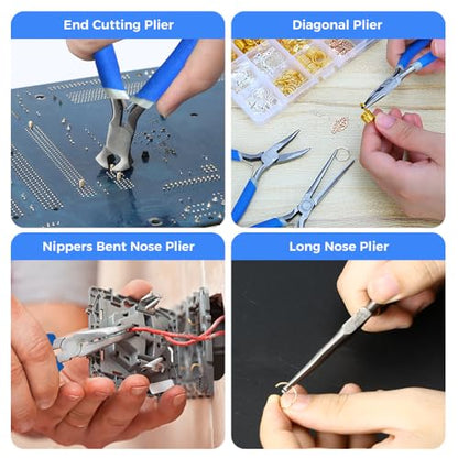 LIFEGOO 5 Pieces Mini Pliers Set – Durable Precision Tool Kit for Crafts, Jewelry & DIY, Includes Long Needle Nose, Bent Nose, Diagonal, End Cutting, Nipper (Blue) - color: Blue