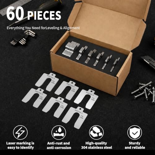 60PCS 304 Stainless Steel Shim Kit, 2" x 2" Slotted Assortment Box | 6 thicknesses for precise leveling, spacing, and alignment in machinery, repair, and installation tasks - size: 2 x 2 inches