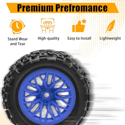 Pre-Glued 1/16 & 1/18 RC Monster Truck Rubber Tire & Nylon Wheel - 12mm Hex | Rubber Tires with Foam Fits for ARRMA 1/18 Granite/Typhon Grom, WLtoys A949, MJX Hyper Go H16 (4PCS, Blue) - color: Blue