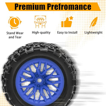 Pre-Glued 1/16 & 1/18 RC Monster Truck Rubber Tire & Nylon Wheel - 12mm Hex | Rubber Tires with Foam Fits for ARRMA 1/18 Granite/Typhon Grom, WLtoys A949, MJX Hyper Go H16 (4PCS, Blue) - color: Blue