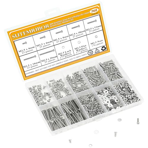 705 Pieces M2.5 Machine Screws Nuts Washers Set, Sutemribor M2.5 x 4/6/8/10/12/16/20mm Phillips Pan Head Machine Screws Nuts Washers Assortment Kit, 304 Stainless Steel, Fully Threaded - size: M2.5 Screws Kit, style: Phillips Pan Head