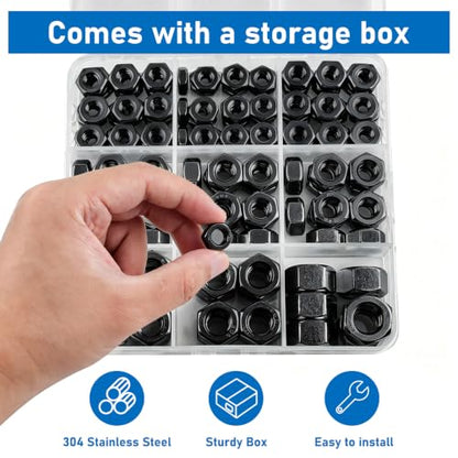 SAE Black Hex Nuts, 178 Pack A2-70 Inch Coarse Thread Hardware Nuts | #6-32 #8-32 #10-24 1/4"-20 5/16"-18 3/8"-16 Sizes, Black Zinc Plated, Rust Resistant for Auto & Machinery Repair - color: Black, size: SAE