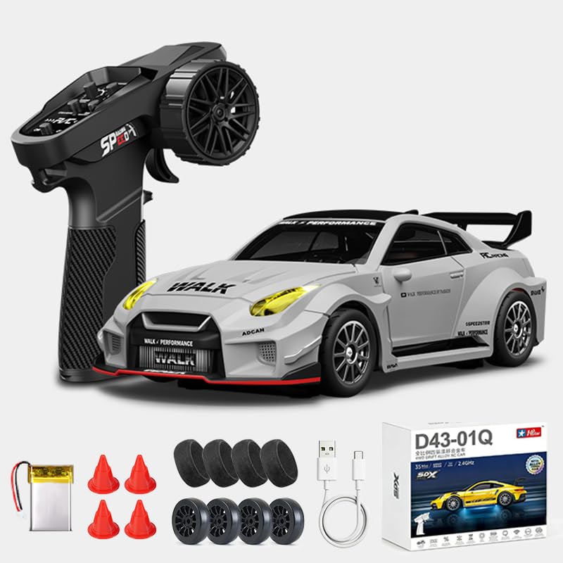 1:43 RC Drift Car D43-02 - 2.4G Full Proportional 4WD Alloy 20KM/H High Speed RC Racing Car with Gyro, Silent Bearings, Adjustable Speed & Lighting(Q10/Gray/D43-02) - color: Q10/Gray, size: D43-02