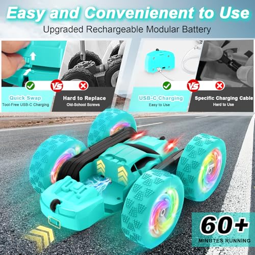 Remote Control Car, Stunt RC Cars, 2.4GHz Double Sided 360° Flips RC Crawler, Outdoor Toys for Kids Ages 4-8, Upgraded USB-C Modular Battery, 5 6 7 8 9 10 +Year Old Boys Birthday Gifts MintGreen - color: Mintgreen
