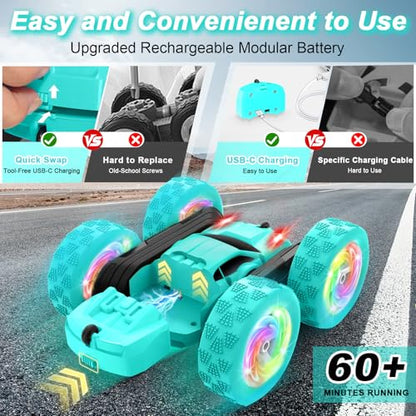 Remote Control Car, Stunt RC Cars, 2.4GHz Double Sided 360° Flips RC Crawler, Outdoor Toys for Kids Ages 4-8, Upgraded USB-C Modular Battery, 5 6 7 8 9 10 +Year Old Boys Birthday Gifts MintGreen - color: Mintgreen
