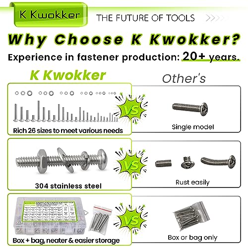 1059Pcs Nuts and Bolts Assortment Kit Phillips Pan Head #2-56#4-40#6-32#8-32#10-24#12-24 Machine Screws, K Kwokker 26 Sizes 304 Stainless Steel Screws Nut and Bolt Assortment with Screw Organizer - size: E. #2-56 - #12-24