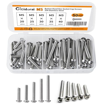 M5 x 20mm 25mm 30mm 35mm 40mm Button Head Socket Cap Screws Bolts, Stainless Steel 304, Metric Allen Hex Drive, Fully Threaded, Bright Finish, 50PCS - size: Button Head M5x20/25/30/35/40mm