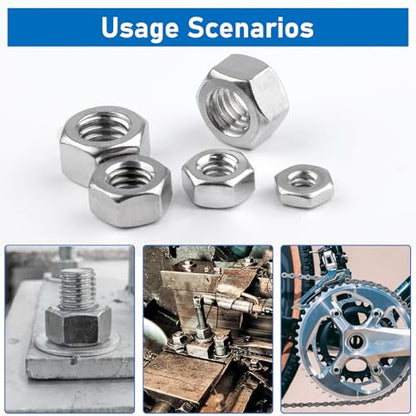 SAE Hex Nuts, 178 Pack 304 (A2-70) Stainless Steel Hardware Nuts | #6-32#8-32#10-24 1/4"-20 5/16"-18 3/8"-16 Standard Inch Coarse Thread Nuts - color: Silver, size: SAE