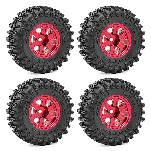0.7" Aluminum Beadlock Wheel & Crawler Tire Set for 1/30 RC Crawler, CNC Rims, 40 x 16 mm Tires, Includes Screwdriver, Pre-Assembled 4 pcs, Red - color: Red, size: Rock-Trail-Clean-Out