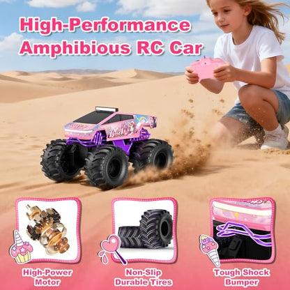 Amphibious Remote Control Car, 1:18 Waterproof Monster Truck Toys RC Cars, 2.4GHz RC Trucks 4WD All Terrain Off-Road Pickup, Kids Christmas Birthday Presents for Boy Girl Toys Age 6 7 8 9 10 11 12 - color: Pink