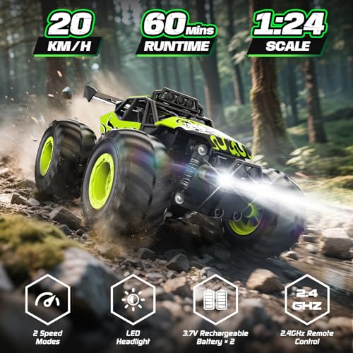 Remote Control Car, All Terrain RC Cars with Speed Switch RC Truck with LED Headlight and Rechargeable Batteries, 20KM/H Monster Truck Toys Gift for Boys 6-8 8-12, Green - color: Green