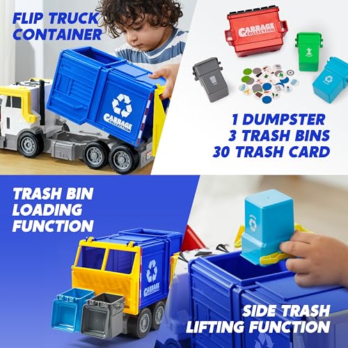 JOYIN Large Friction Powered Garbage Truck Toy Set, Includes 1 Dumpster, 3 Trash Bins, and 30 Learning Cards for Kids, Blue - color: Blue