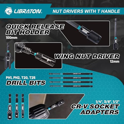LIBRATON 27PCS Magnetic Nut Driver Set, Ratcheting T Handle, Metric&SAE | Nut Driver Set for Impact Drill, Long Socket Set, Drill Bits, Socket Adapters, Wing Nut Driver, Magnetic Holder, Storage Case - style: 27PCS With Handle