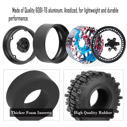 Aluminum 2.2 Wheel Tires for 1/10 SCX10 SCX10 II SCX10 III SCX10 Pro TRX4 TRX6 Gen7/8 D90 VS4-10 MST CFX RC Crawler Car,2.2 Beadlock Wheel Off Road Buggy Rally RC Truck Tires,Colorful(Red Blue Tone) - color: Colorful(red Blue Tone) - (4pcs Tires)