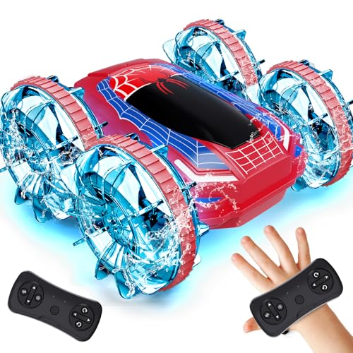 Tecnock Amphibious Remote Control Car Boat, 4WD Gesture RC Cars with Magnetic Charging, 60 Min Playtime, LED Lights, Pool Toys for Kids Ages 6-12, Gift Toys for Boys Girls - color: Red