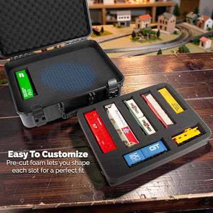 CASEMATIX HO Train Storage Box – Hard Shell Model Train Case with Dual-Layer Pluck Foam, Custom Model Train Storage for Locomotives, Cars & Accessories