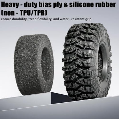 1.3” RC Tires - 70x26mm All Terrain Tyres 4-Pack for TRX4M SCX24 Crawlers | Soft Sticky Rubber Tyre with Foam Insert for Mud/Rock Climbing Compatible with 1/18 1/24 AX24 TRX4M SCX24 FCX24 Micro Crawler