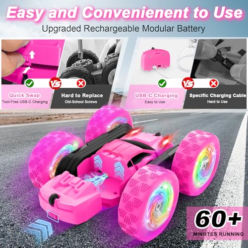 Remote Control Car, RC Cars for Girls, 2.4 GHz Double Sided RC Crawler with Upgraded USB-C Modular Battery, 360°Rotating Car Toys for 6 7 8 9 10 11 12 Year Old Girl Birthday Gift Rose - color: Rose