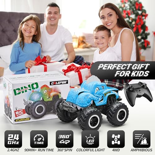 Amphibious Remote Control Car, 1:20 Waterproof Dinosaur Monster Trucks for Boys Age 4-7, 2.4GHz All Terrain RC Cars with 2 Batteries, 360° Rotating Stunt RC Car Toy Birthday Gift for Kids 3-5 - color: Azure Dinosaur Truck