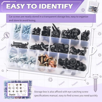 160PCS 14 Size Metal Car Screw Assortment Kit,Multisized Pan Head Self Tapping Screws as Body Bumper Hood Retainer Clips,Universal Automotive Trim Screws Cars Accessories