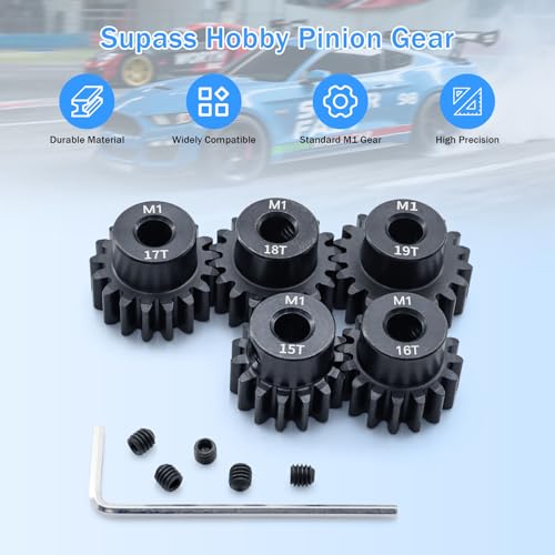 Metal Steel M1 Pinion Gear Sets 15T 16T 17T 18T 19T for 5mm Shaft Motor Gears with Hex Key for 1/8 RC Car Brushless Brush Motor Parts - size: 15T 16T 17T 18T 19T