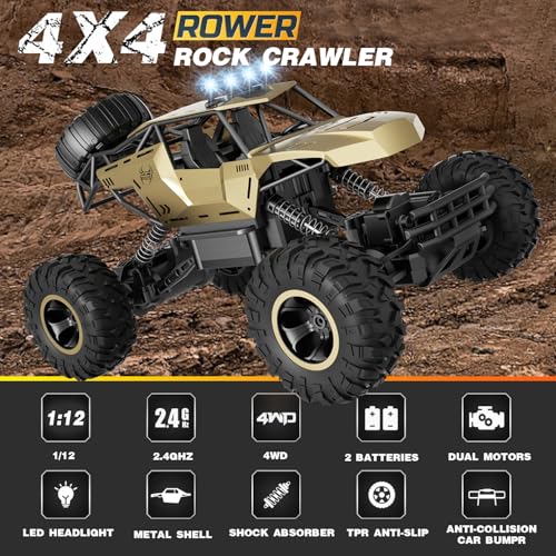 RC Off Road Truck with Durable Metal Body, 1:12 Remote Control Monster Truck, LED Headlights All-Terrain Monster RC Car, Birthday for Kids Boys 8-12 - color: Gold