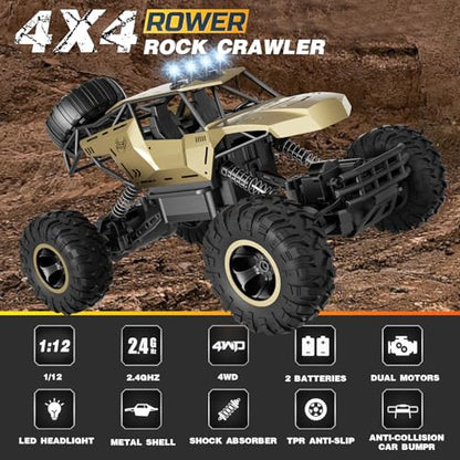 RC Off Road Truck with Durable Metal Body, 1:12 Remote Control Monster Truck, LED Headlights All-Terrain Monster RC Car, Birthday for Kids Boys 8-12 - color: Gold