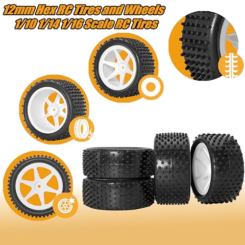 12mm Hex RC Wheels and Tires for 1/14 1/16 Hyper Go H14BM H16BM Tires and Wheels for 1/10 Traxxas Bandit Tires and Wheels for Losi Mini-T 2.0 2WD WLtoys 144001 Tires and Wheels Preglued 4PC