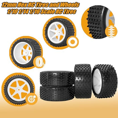 12mm Hex RC Wheels and Tires for 1/14 1/16 Hyper Go H14BM H16BM Tires and Wheels for 1/10 Traxxas Bandit Tires and Wheels for Losi Mini-T 2.0 2WD WLtoys 144001 Tires and Wheels Preglued 4PC
