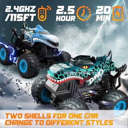 BEZGAR Monster Truck Toys, 1:20 Remote Control Car with Two Shell | Blue Dinosaur Toys, RC Truck with 360° Spins and Drifting, Toy Car Gifts for Boys with Light and Music, 20 Mins Battery Life - color: Two Shells