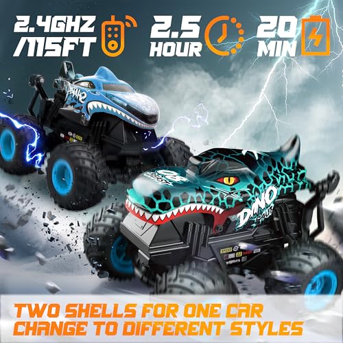 BEZGAR Monster Truck Toys, 1:20 Remote Control Car with Two Shell | Blue Dinosaur Toys, RC Truck with 360° Spins and Drifting, Toy Car Gifts for Boys with Light and Music, 20 Mins Battery Life - color: Two Shells