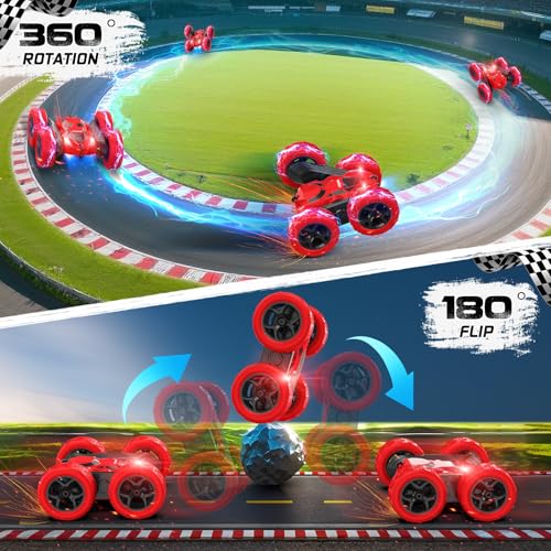 cosone Remote Control Car for Boys - Car Toy for Kids Age 6 7 8 9, 4WD 2.4Ghz Double Sided 360° Rotating RC Cars with Headlights, Christmas Birthday for Boys and Girls - Red - color: Red