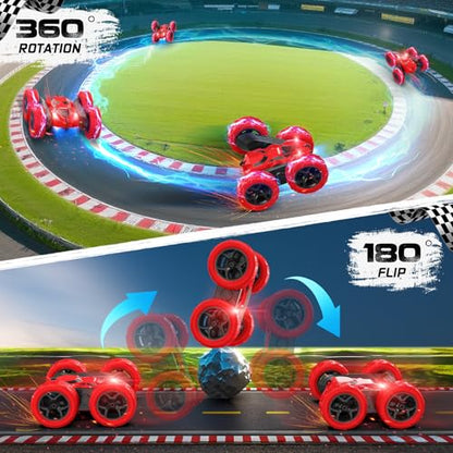 cosone Remote Control Car for Boys - Car Toy for Kids Age 6 7 8 9, 4WD 2.4Ghz Double Sided 360° Rotating RC Cars with Headlights, Christmas Birthday for Boys and Girls - Red - color: Red