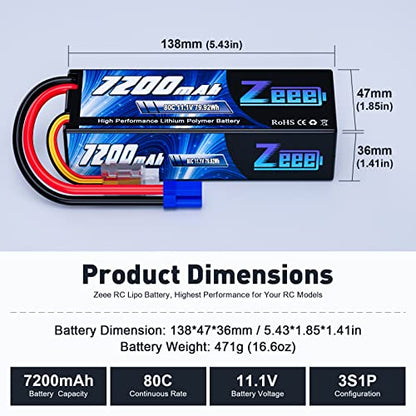 Zeee 3S Lipo Battery 7200mAh 11.1V 80C with EC5 Connector Hard Case Battery Compatible with RC Car RC Truck RC Boat LOSI Associated Racing Hobby (2 Packs)