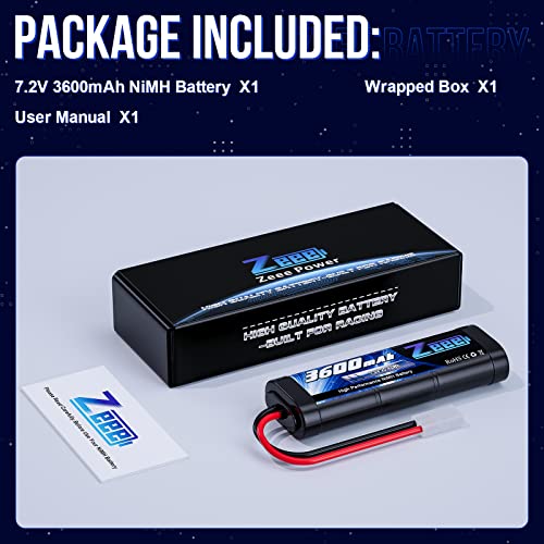 Zeee 7.2V NiMH Battery 3600mAh RC Battery with Tamiya Connector | High Power for RC Car RC Truck Associated HPI Losi Kyosho Racing Hobby