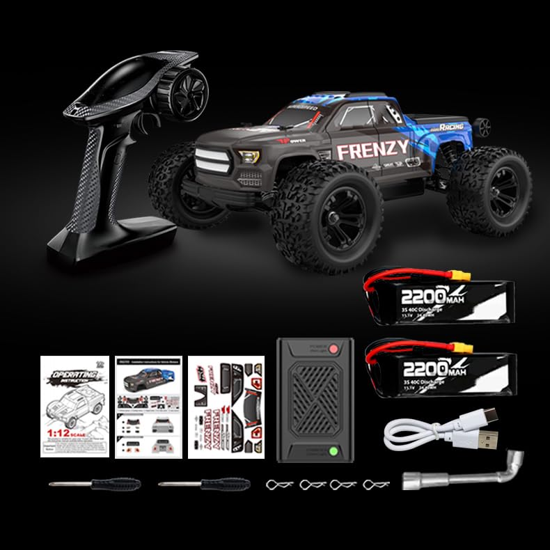 1/12 Brushless RC Cars for Adults, RC Trucks 4x4 Offroad Waterproof, Electric Powered High Speed Remote Control Car, Fast Extreme All Terrain RC Truggy with 3S Battery for Snow Sand - style: Metallic Blue