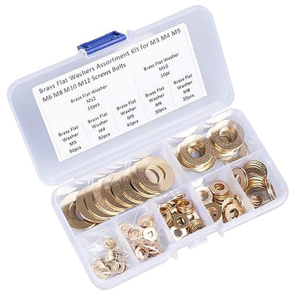 Brass Flat Washer Gasket Kit – 210 Pieces Washers Assortment for M3, M4, M5, M6, M8, M10 and M12 Screws and Bolts